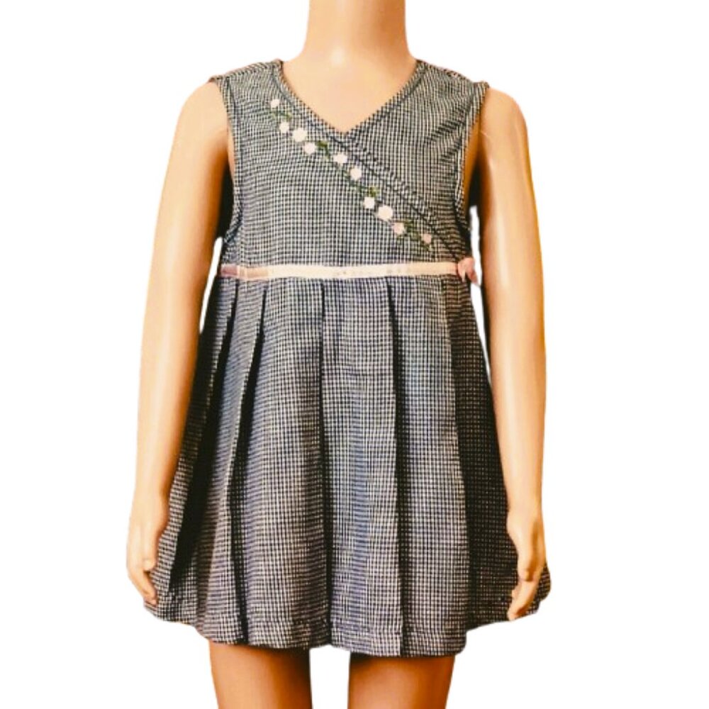 Samantha Says Vtg Houndstooth Dress 4T Pleated Black w Pink Embroidered Flowers